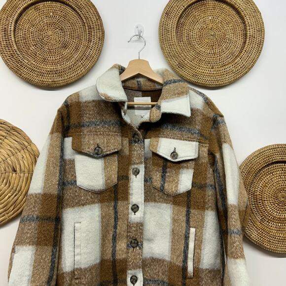Avec Les Filles Neutral Brown White Plaid Flannel Shacket Shirt Jacket Medium - Picture 3 of 5